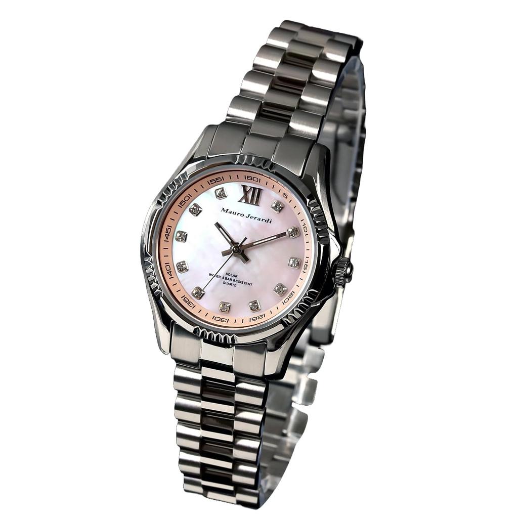 Mauro Geraldi Solar All Stainless 5 ATM Water Pink MJ038 Watch, Steel, Resistant, Zirconia, Women's, MOP, (MJ038-3/Pink)