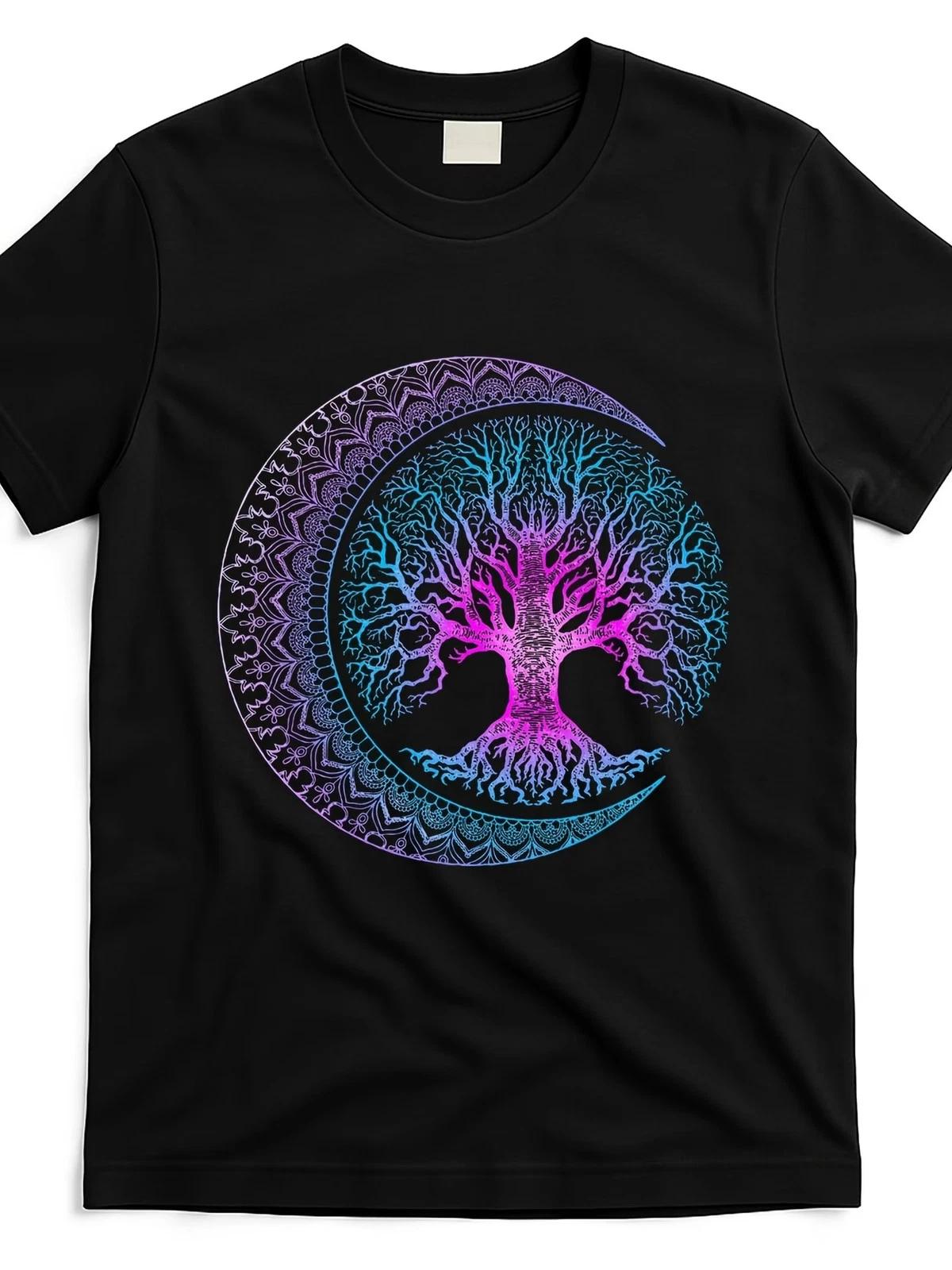 Tree of Life & Crescent Moon Phases Mandala Yoga T-Shirt - Purple Neon Graphic T XXL