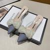 Baotou Half Slippers Women's 2025 New Women's Shoes Summer Bow Pointed Fairy Wind Thick Heel Pointed Cold Slippers