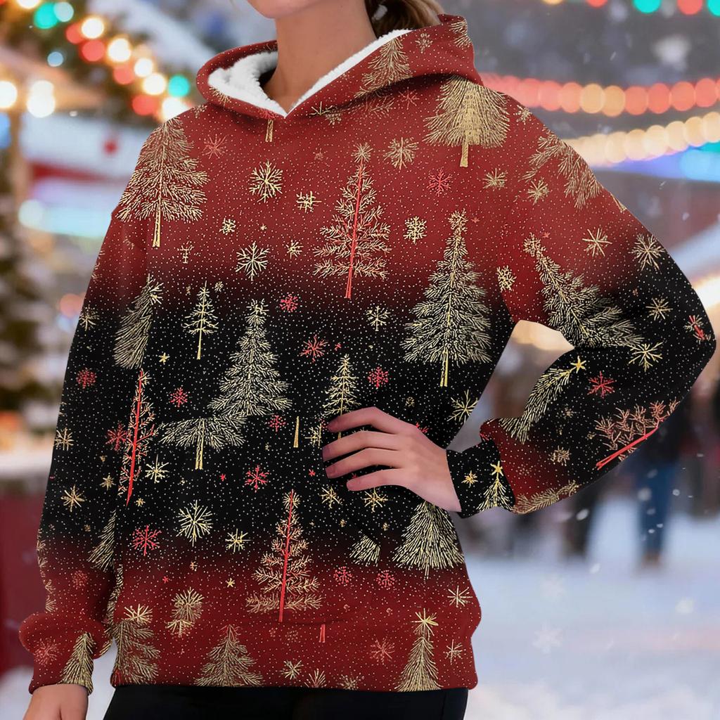 Women's Fashionable Casual Long-Sleeved Christmas Print Fleece-Lined Thick Hooded Sweatshirt