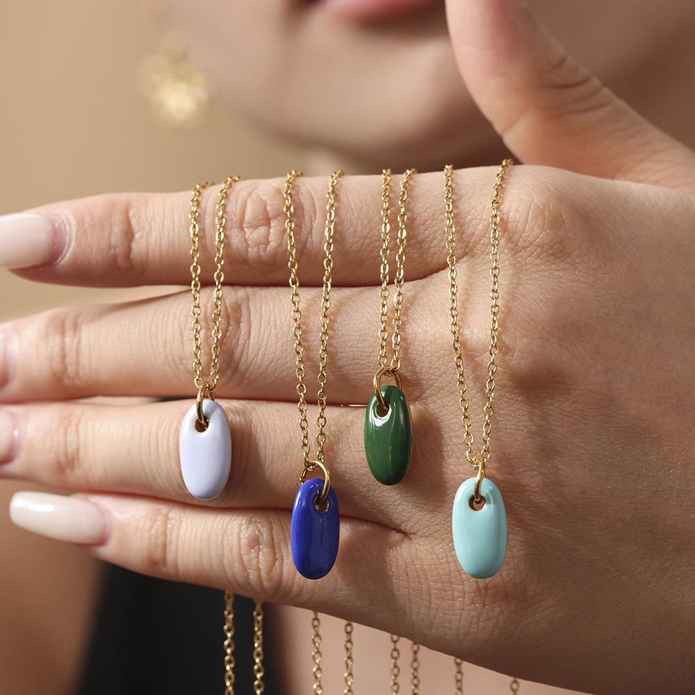 Morandi Color Oval Enamel Drop Pendant Necklace, Simple & Elegant Clavicle Layer, Stainless Steel Chain, Non-Fading.
