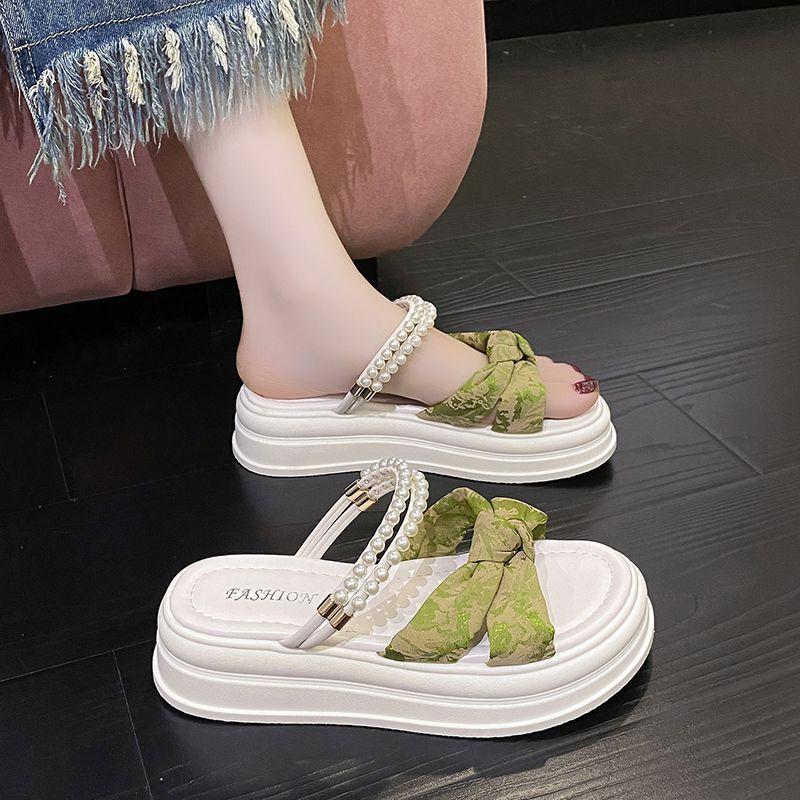 Fashion Sandals Green Height with Bow Slides Platform Shoes for Women Pearl Woman Slippers Stylish On Offer Slip-resistant Sale Vip Shoe
