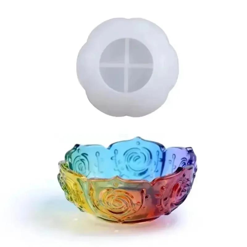 New Embossed Flower Bowl Silicone Mold DIY Crystal Drip Resin Gypsum Mold Patterned Bowl Rose Lotus Storage Bowl Silicone Mold