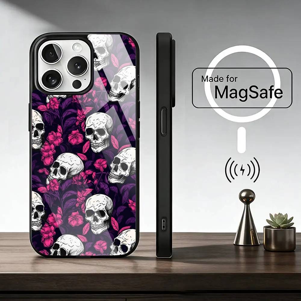 Skull Phone Case For iPhone17,16,15,14,13,12,11 Plus,Pro Magnetic with Magsafe Wireless Charging