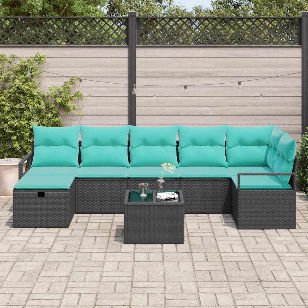 8 Piece Sofa Set with Cushions in Black and Turquoise Poly Rattan