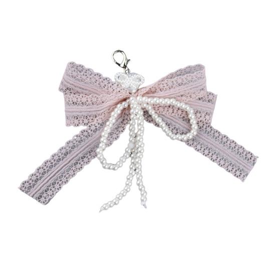 Lace Bow Shoe Charm for Sneakers Faux Pearls Beaded Bowknot Removable Bow Charm Accessory for Women Girls Shoes Bags Keychains