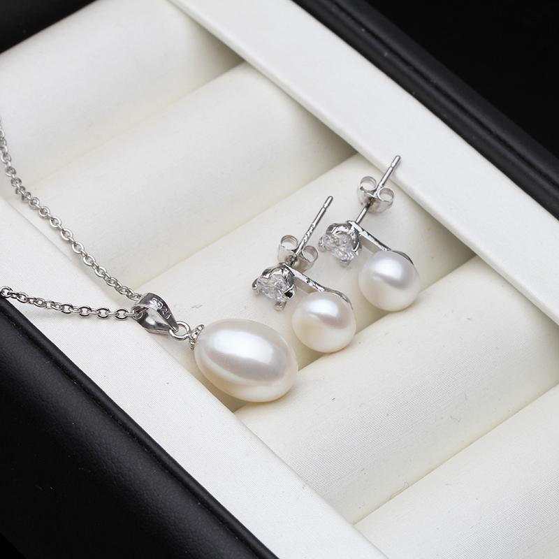 Real Freshwater Natural Pearl Set For Women,Wedding 925 Sterling Silver Pearl Necklace Earring Sets Wife Mom Engagement Gift