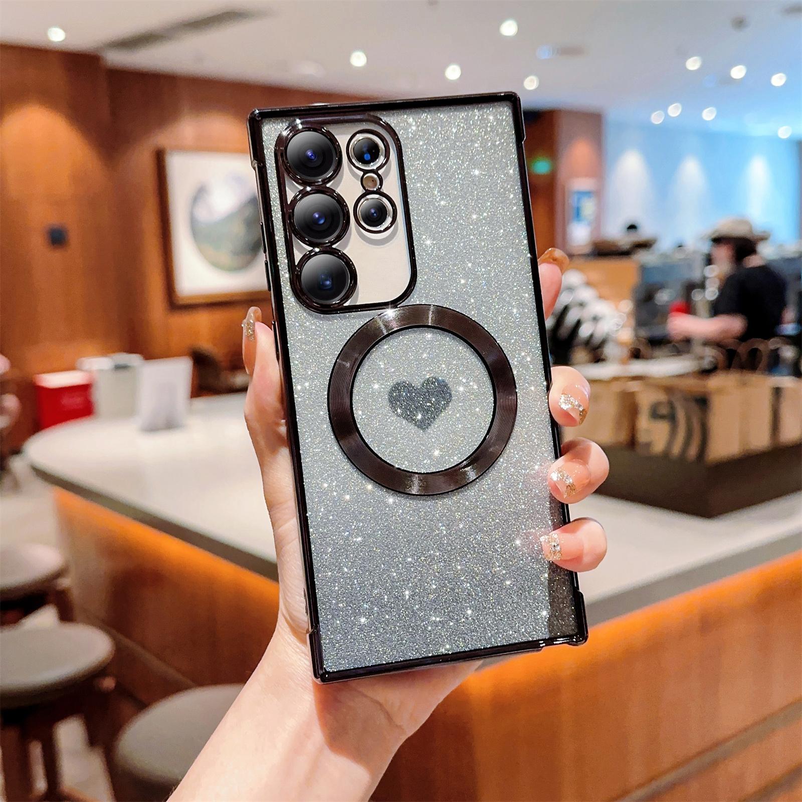 

For Samsung Galaxy S24 Ultra Magnetic Case TPU Love Heart Gradient Sparkle Phone Cover Black