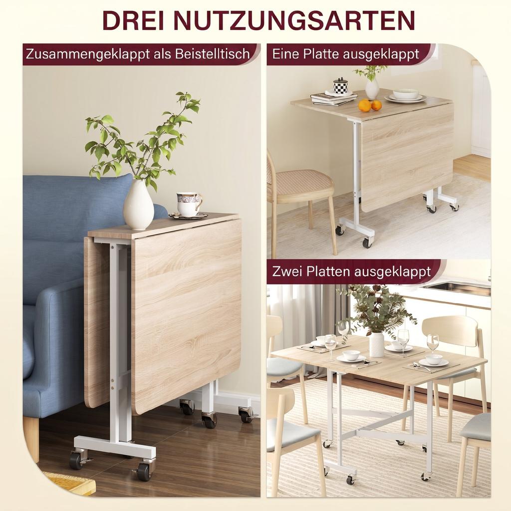 Klappbarer Esstisch, Geeignet für bis zu 6 Personen, mit 6 Rollen und Bremsen, für kleine Räume, Eiche