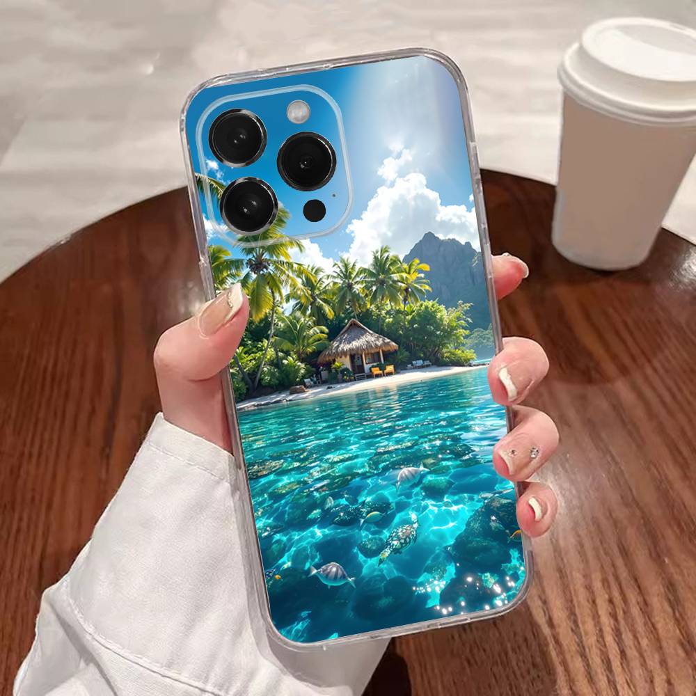 Sea Tropical Palm Trees Beach Phone Case For iPhone 17,16,15,14,13,12,11 Plus,Pro,Max,XR,XS,Plus,E,SE4,Mini Transparent Cover