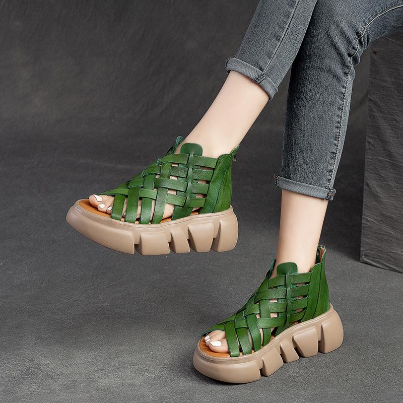Jiechu Women's Summer Braided Hollow Sandals - Thick Sole, Breathable Candy Colors, Comfortable Roman Style