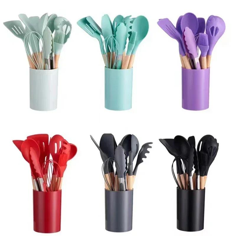 12PCS Silicone Kitchenware Non-Stick Cookware Kitchen Utensils Set Spatula Shovel Egg Beaters Wooden Handle Cooking Tool Set