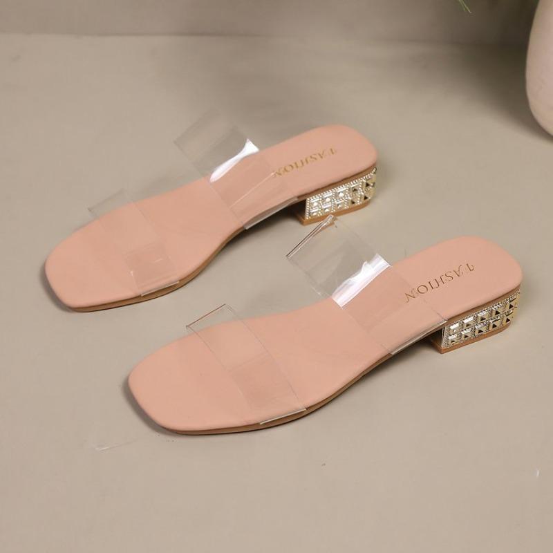 Women's 2026 New Clear Strap Rhinestone Block Heel Slides Sandals Fashion Minimalist Casual Summer Shoes
