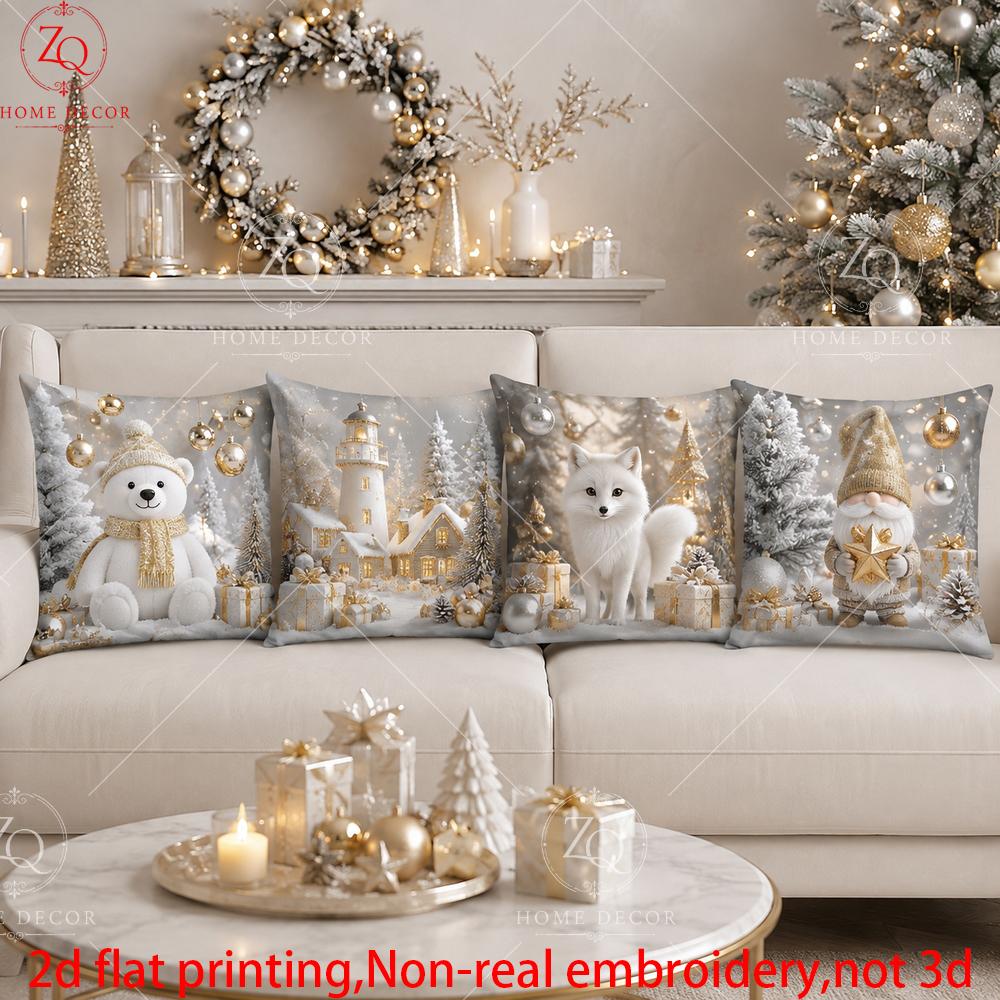 Set aus 4 Weiße Bären Leuchtturm Winter Pfirsichhaut Kissenbezug 2D Flach Gedruckt Sofakissenhülle Wohnzimmer Weihnachten