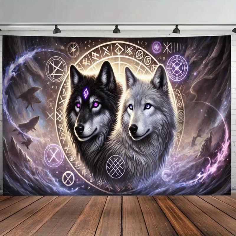 2D Mystical Wolf Tapestry Purple Norse Runes Home Background Decor