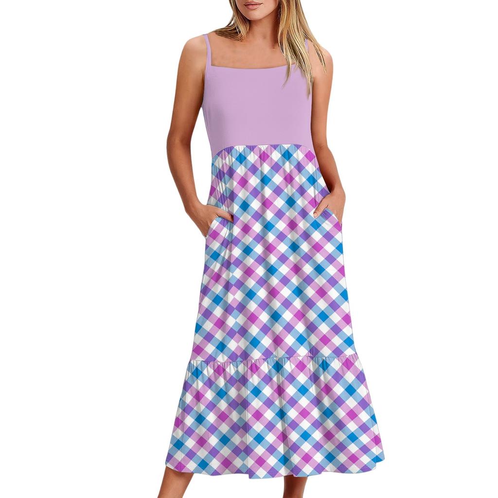 Women's Long Beach Casual Elegant Spaghetti Strap Maxi Dress Plaid Print Low-key Flowing Bohemian Dress