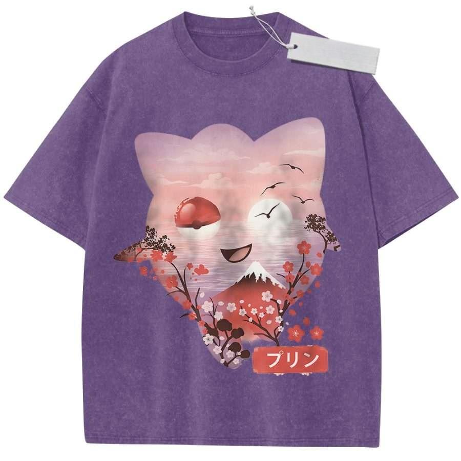 Unisex Washed Pink Vintage T Shirt Pokmon Jigglypuff Scenic View High Quality Fabric for Home Leisure Travel Shopping