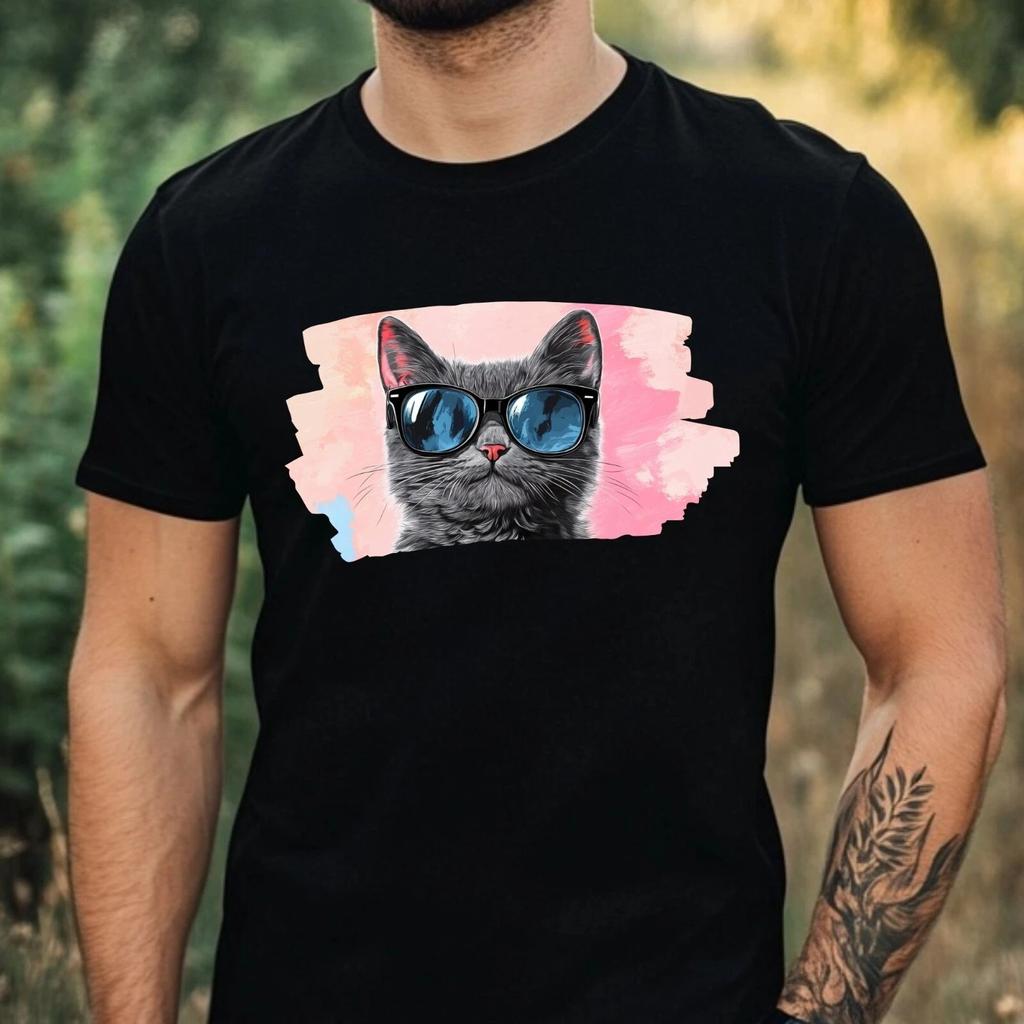 T-Shirt Herren Katze mit Sonnenbrille Motiv Baumwolle Größe XS bis 5XL