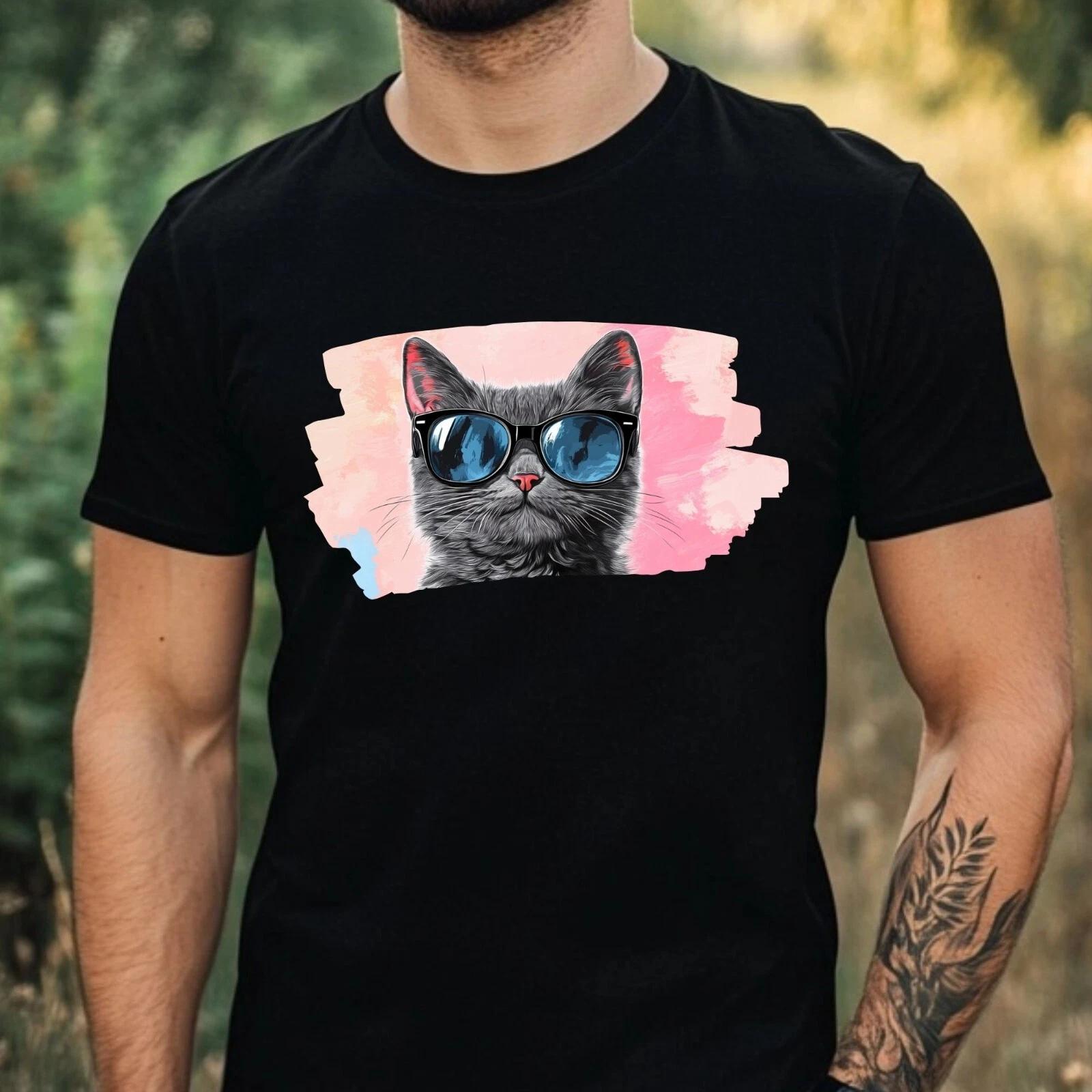 T-Shirt Herren Katze mit Sonnenbrille Motiv Baumwolle Größe XS bis 5XL S