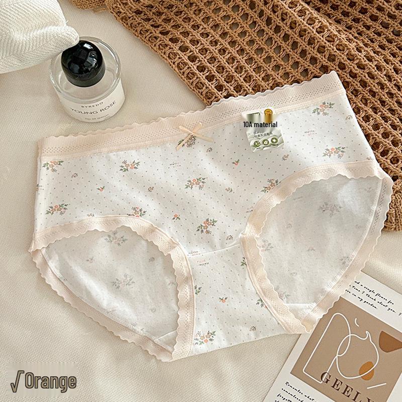 10A Antibacterial Floral Lace Trim Cotton Crotch Mid-Waist Girly Briefs