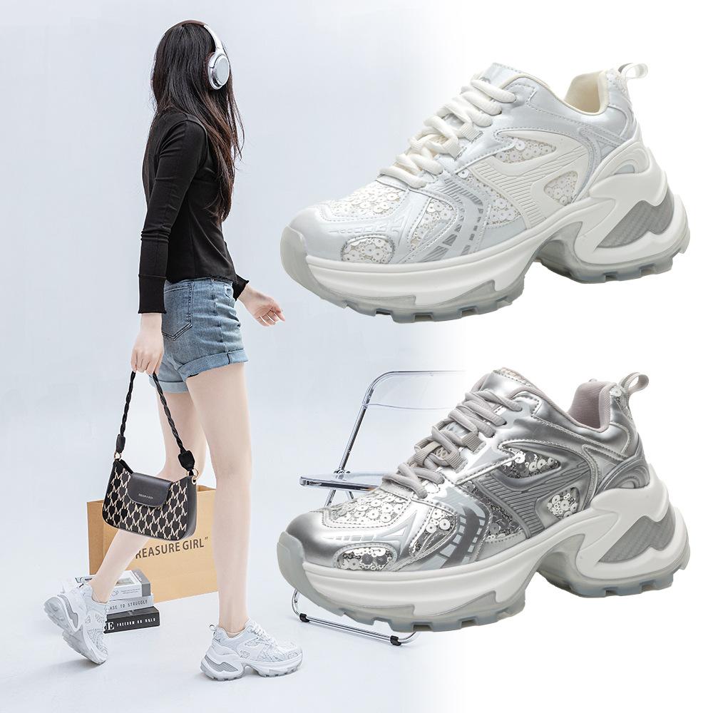 Thick-soled heightening dad shoes for women in winter and autumn 2025, new fashionable warm and breathable hollow sequined casual shoes for women
