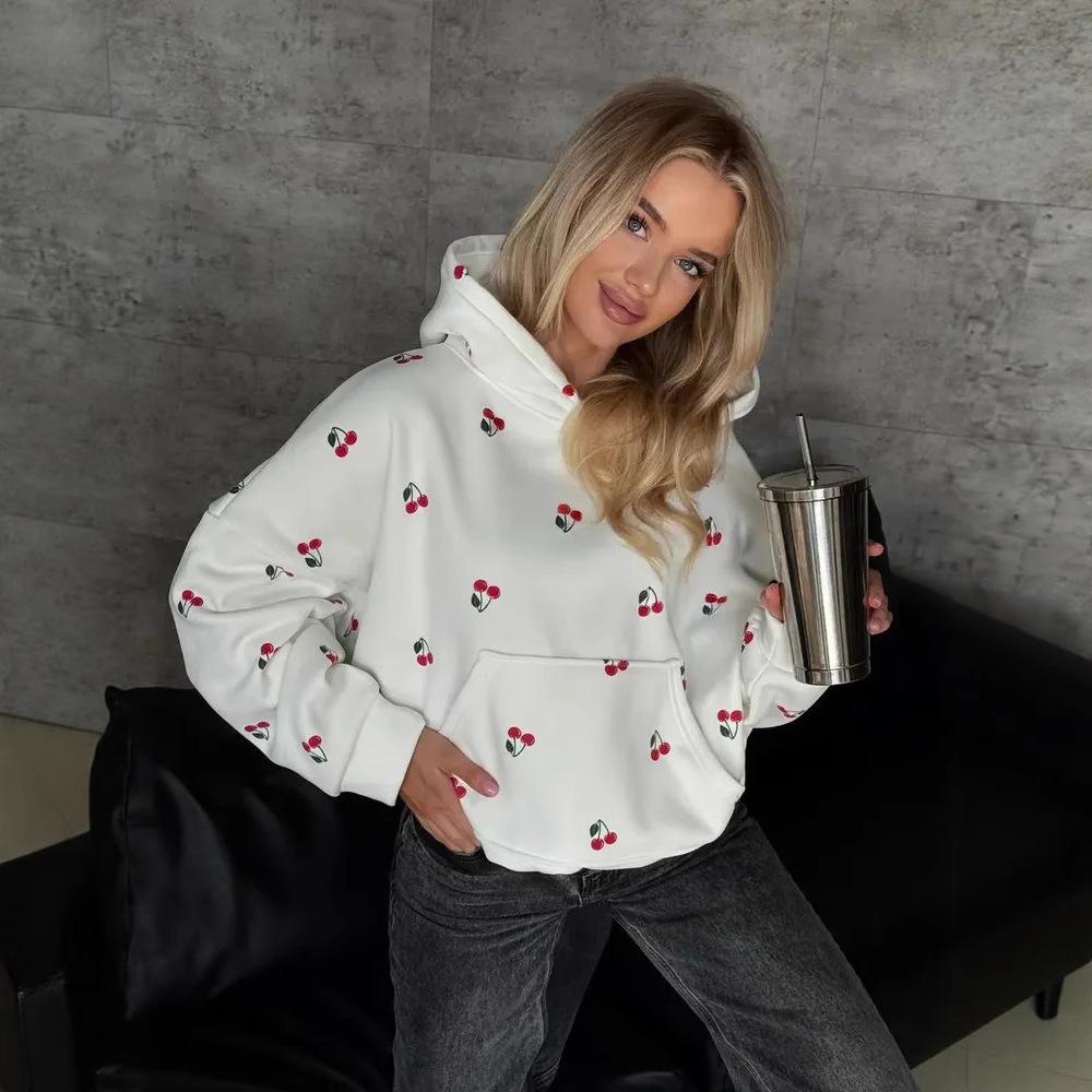 Women's Cherry Print Sweatshirt Jacket - Autumn European & American Street Style, Loose Fit, Versatile Sports Hoodie