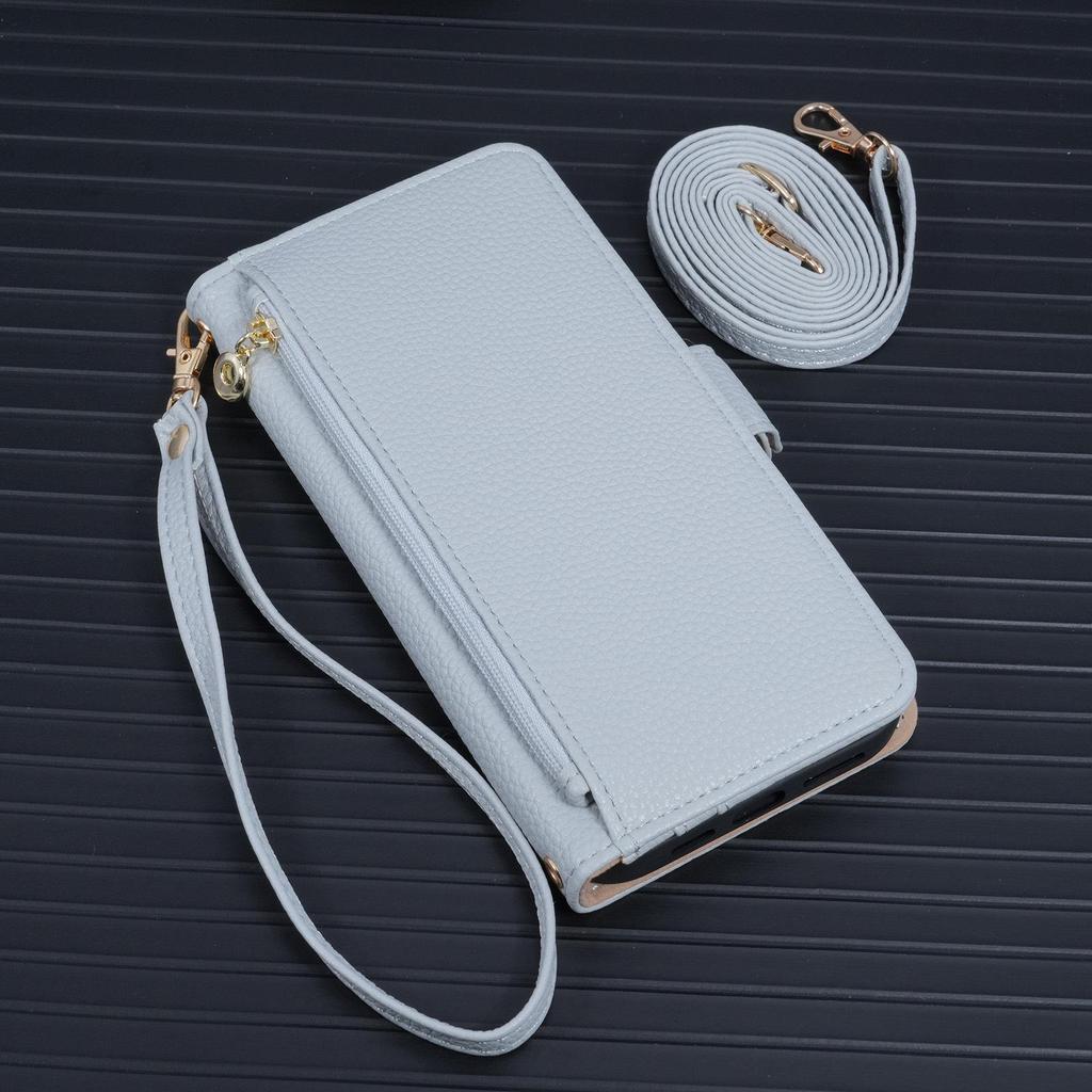 iPhone 17 Pro Max Reißverschluss Crossbody Handyhülle mit Lanyard & Spiegel Klapphülle