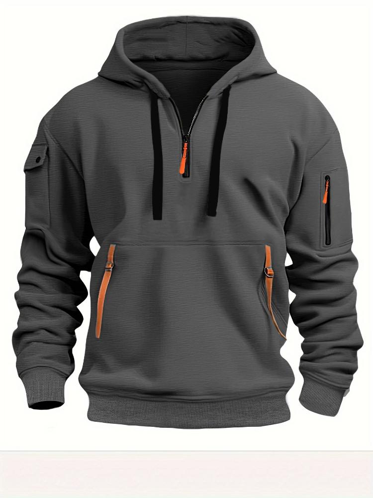 Cloudy and sunny days Men's Sporty Casual Hooded Sweatshirt - Ribbed Cuffs & Hem,  Machine Washable, Solid Color for Hiking & Outdoor Activities L donkergrijze kleur