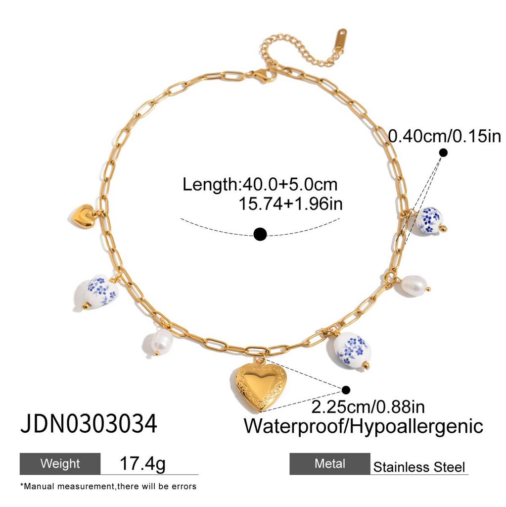 Youthway  Gold Plated Stainless Steel Love Heart Imitation Pearl Ceramics Pendant Necklace Trendy Versatile Accessories Gift