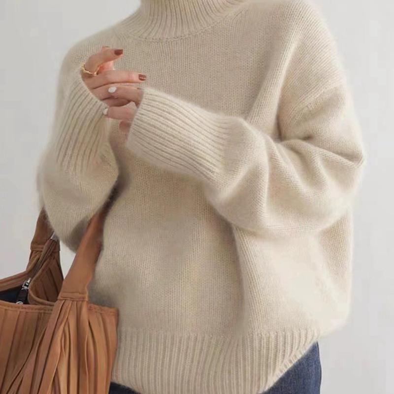 Women Autumn Winter High Collar Long Sleeve Wardrobe Staple Warm Solid Color Comfy Loose Pullovers Knitted Sweater Top