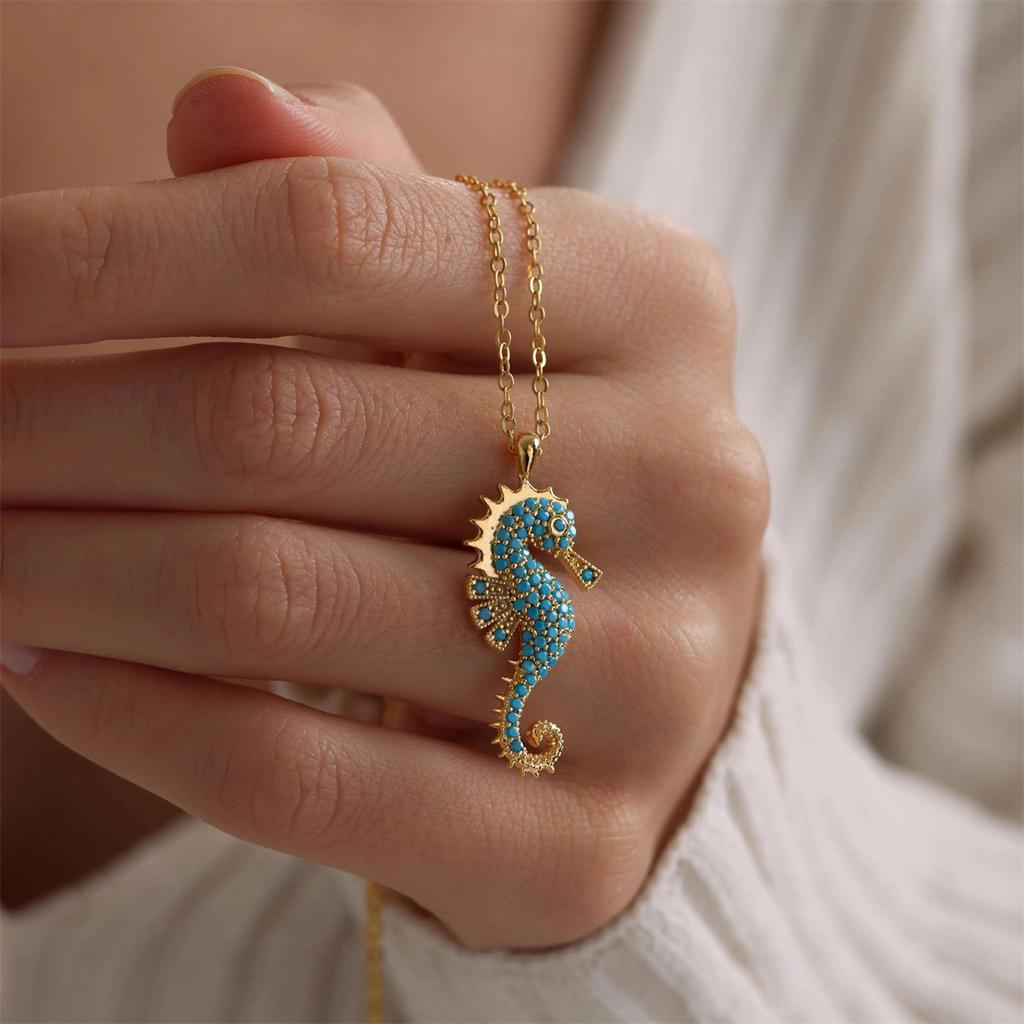 Seahorse Pendant Necklace | Gold Plated Stainless Steel with Zircon Inlay, Jewelry for Women