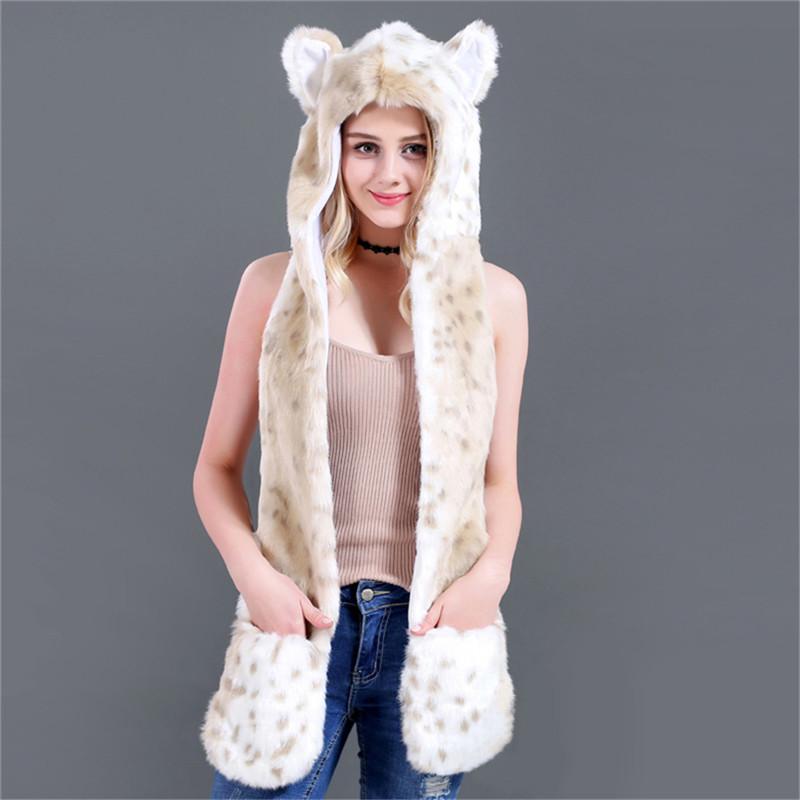 Lamaxpa Fashion Animal Women Scarf, Hat & Glove Sets 1Pcs Faux Fur Winter Warm Shawls And Wraps Hooded Fluffy Plush Dropshipping