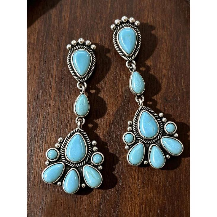 1 Pair Western Style Artificial Turquoise Long Water Drop Earrings, Vintage Bohemian Ear Jewelry