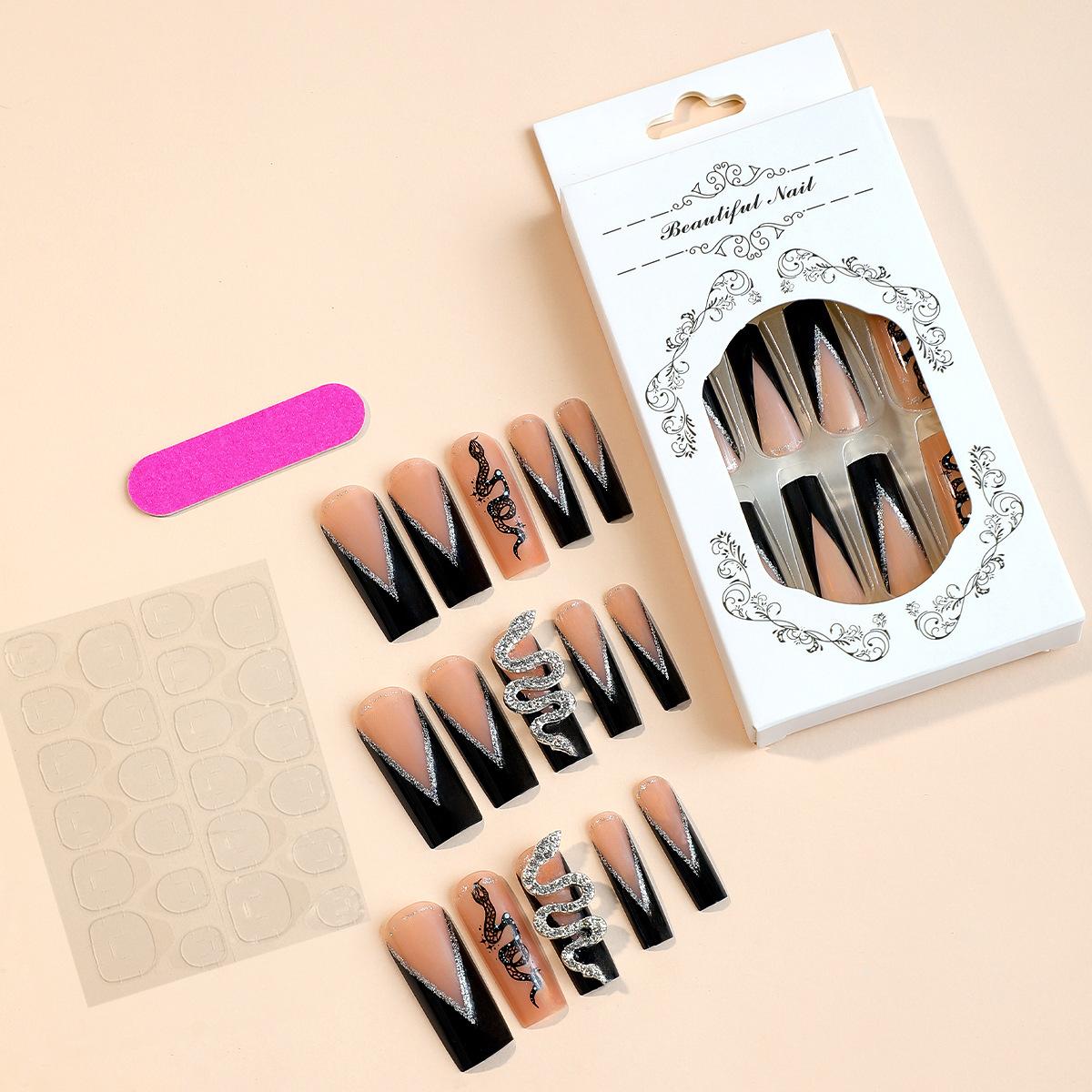 

24 шт./компл., удлиненные французские ногти со стразами, накладные ногти в виде змеи, готовые прямоугольные блестящие черные ногти None