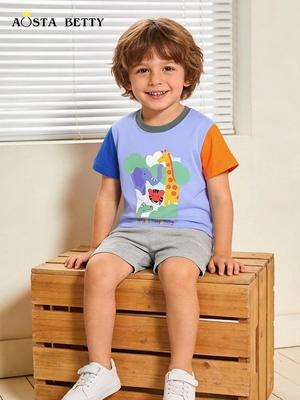 New Summer Boys' Animal Print Short Sleeve T-shirt - European American Style, Round Neck Children's Fashion Top