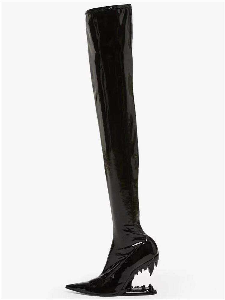 Fashion 2025 New Shaped Heel Tiger Teeth Design Over Knee Boots Pointed Super Fiber High Heel Boots European American 43 Women's Shoes