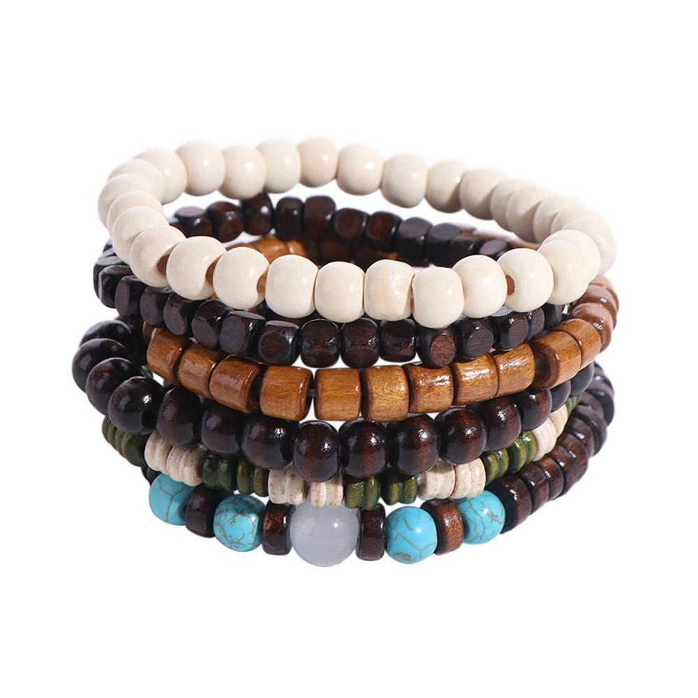 5/6 Pcs/set Fashion Wood Men Bracelets Ethnic Style Handmade Bead Bracelet Set Jewelry Bohemian Style Hand Ring Girls