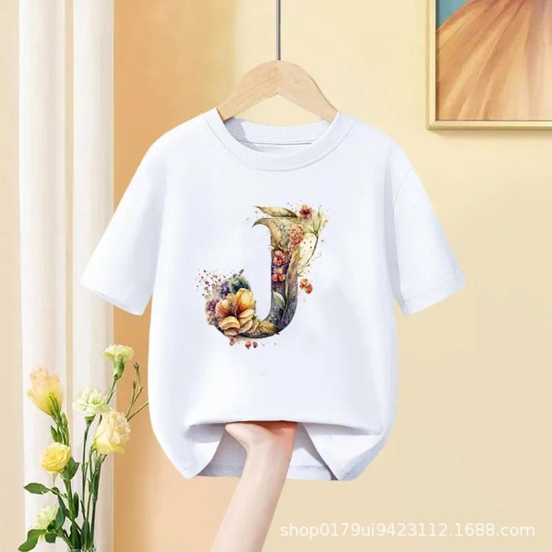 Floral AZ Kids Tshirt 26 Letters Cute ABCD Cartoon Short Sleeve Tee for Girls Summer Fashion Polyester Fabric