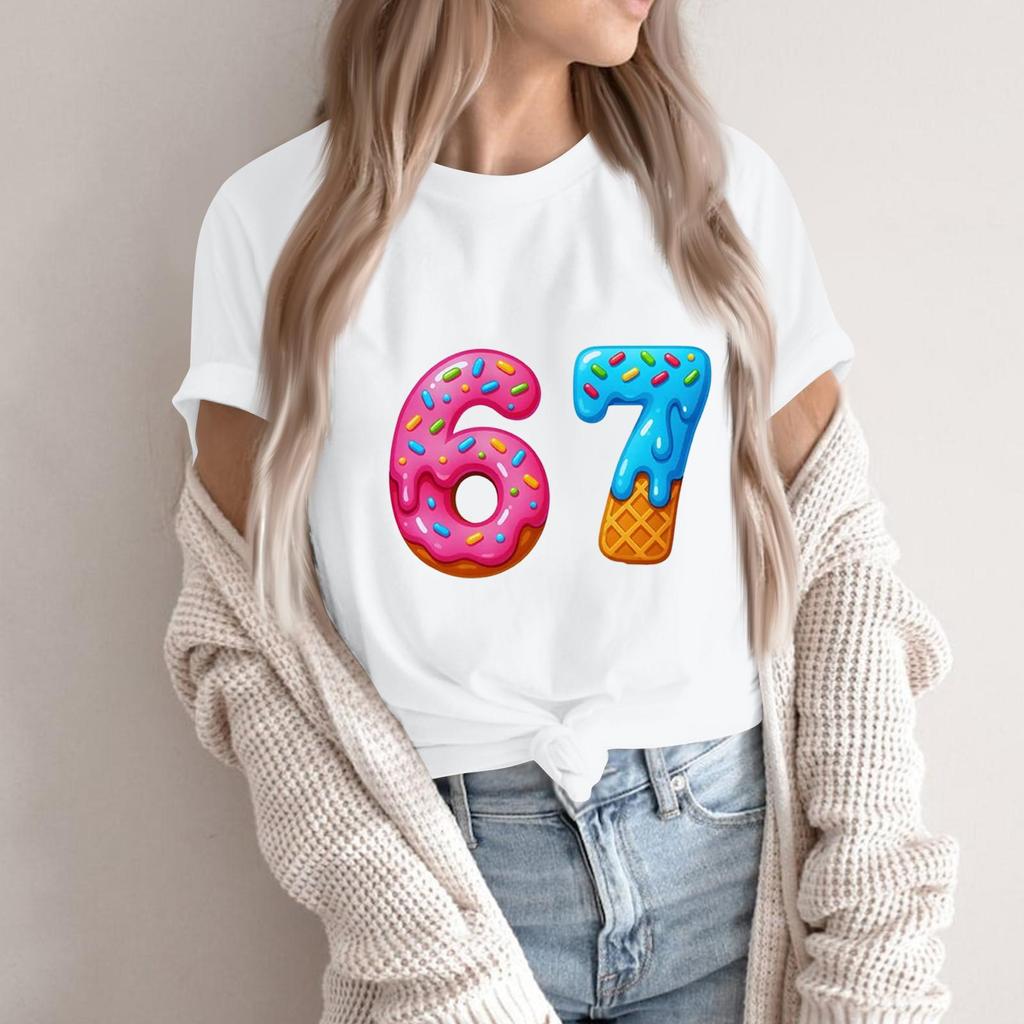 Women's Fashionable Casual Short Sleeved Printed T-Shirt Round Neck Top