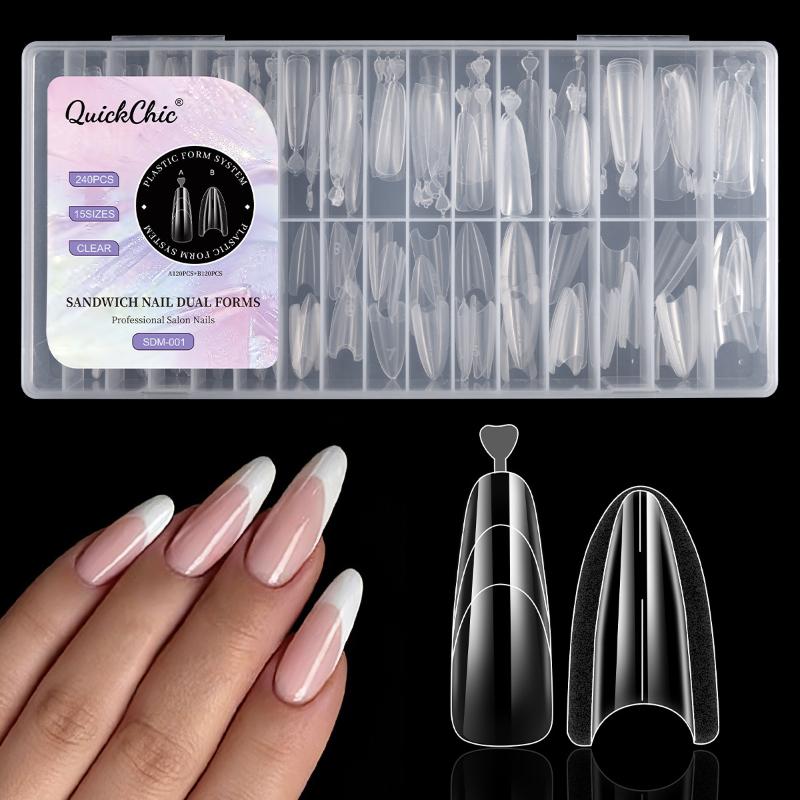 240Pcs Clear Dual Forms Nail Mold Sets Full Cover False Nail Tips Poly Nail Gel Mold Reusable Nail Top Form