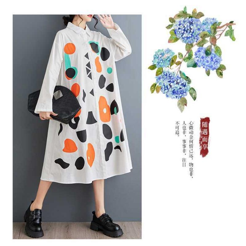 New Loose Large Size Printing Splicing Casual Simple Sweet Long-sleeved Dresses