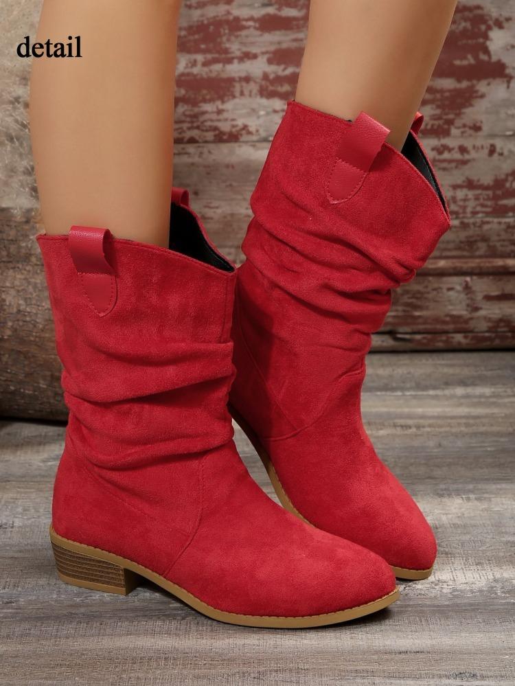 Women's Faux Suede Cowboy Boots Non-Slip Mid Calf Slouchy Cowgirl Booties Fall Winter Western Pointed Toe Chunky Block Heel Pull On Boots for Women