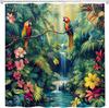 Jungle Parrot Shower Curtain Tropical Bird Forest Waterfall Green Leaves Rainforest Nature Plant Exotic Flower Cute Birds Shower