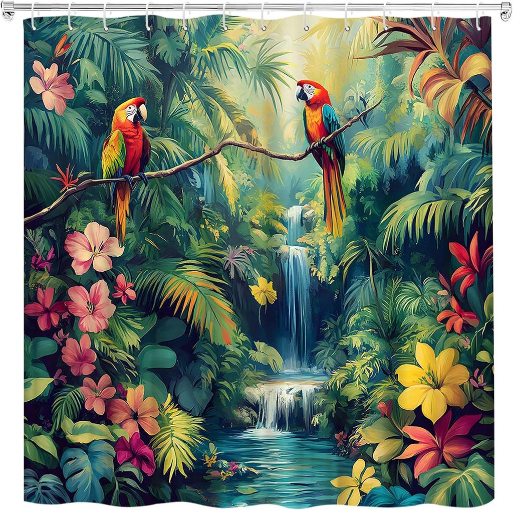 Jungle Parrot Shower Curtain Tropical Bird Forest Waterfall Green Leaves Rainforest Nature Plant Exotic Flower Cute Birds Shower
