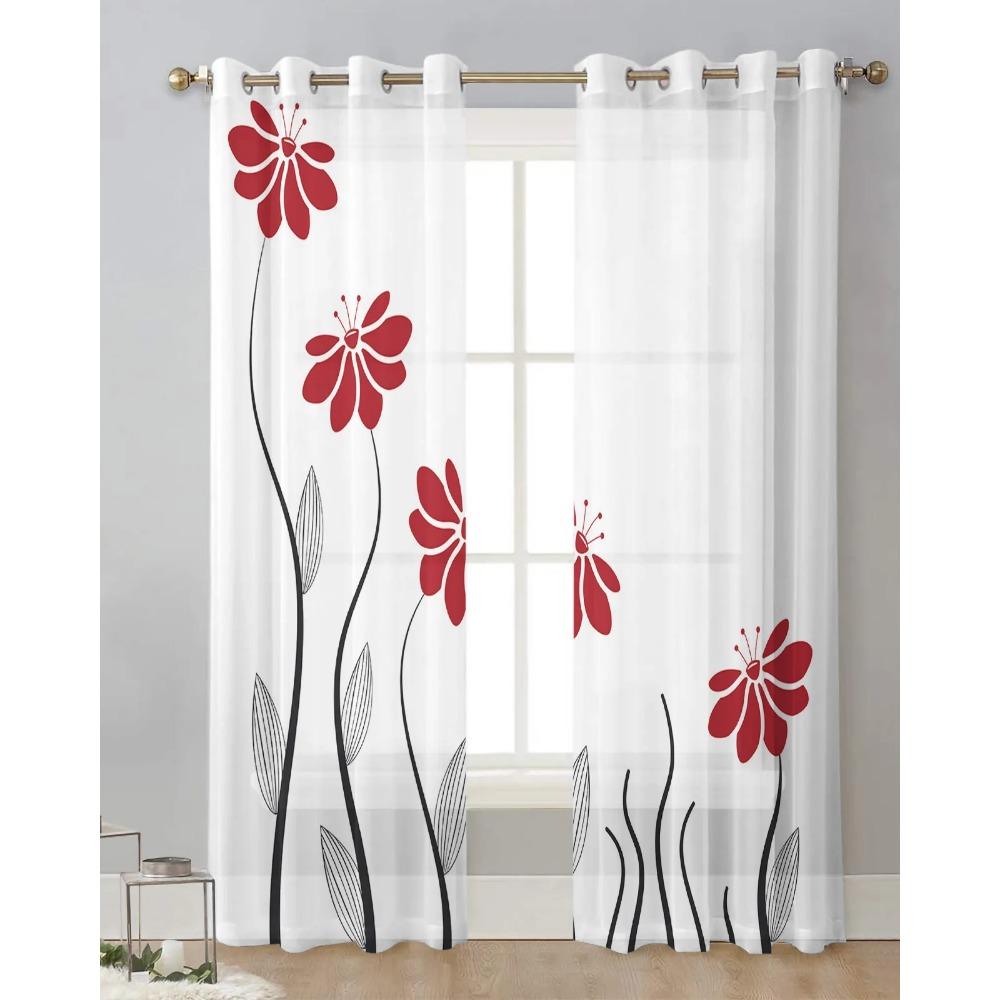 Red Flower Lines Plant Sheer Curtains for Living Room Decoration Window Curtains for Kitchen Tulle Voile Organza Curtains