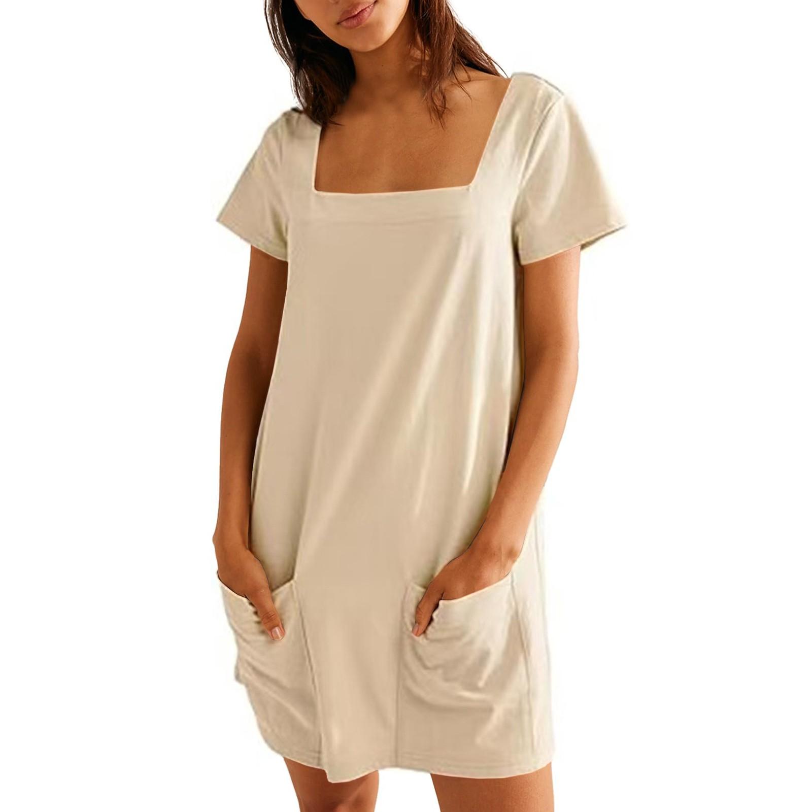 Women s Color Square Collar Short Sleeve Fashion Skirt Pocket Casual Dress L