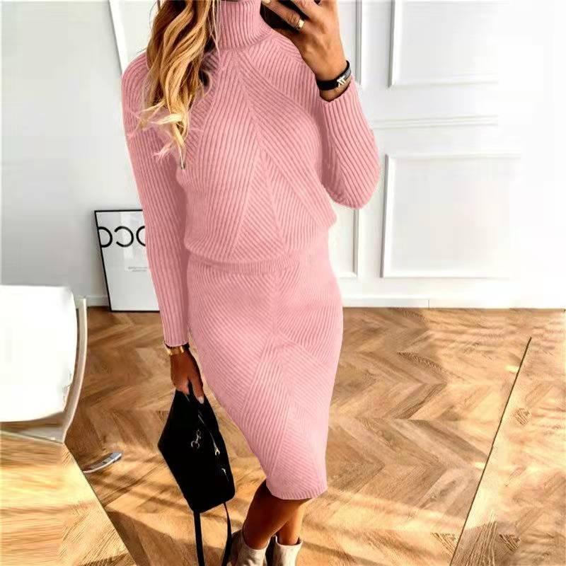 Herbst frauen Stricken Kostüm Rollkragen Einfarbig Pullover Pullover + Schlank Rock Zwei-Stück Set