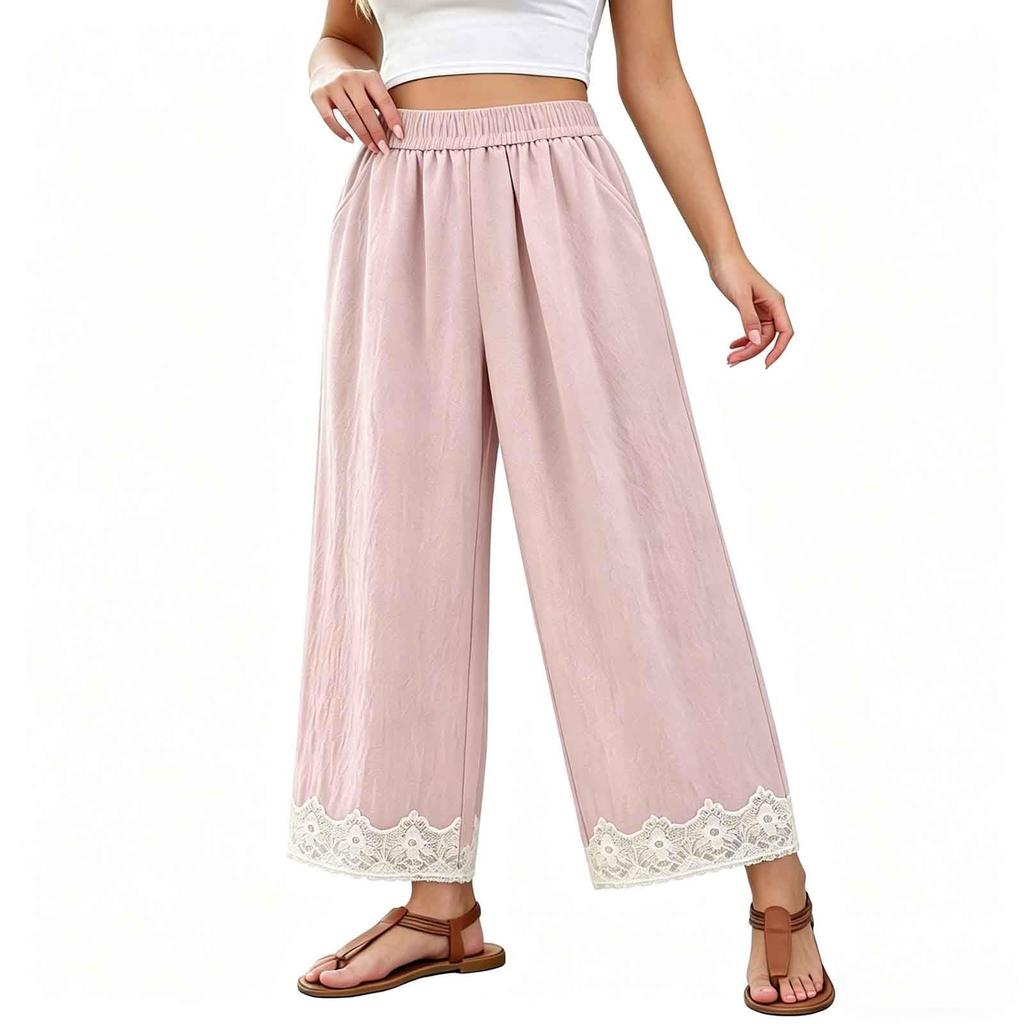 Women High Waist Loose Fit Cotton Linen Pants with Elastic Waistband and Pockets Casual Wide Leg Trousers Embroidered Hem