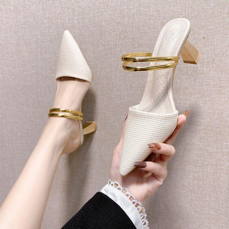 Baotou Half Slippers Women's Autumn Wear 2025 New Thick Heel Fashion Versatile French Retro Pointed Temperament High Heels