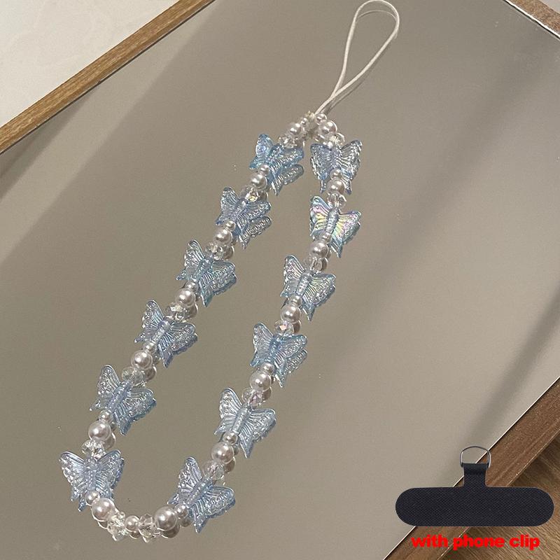 

Litter Butterfly Phone Chains Wrist Strap Colorful Lanyard Sweet Plastic Pearl Mobilephone Bracelet Anti-lost for All Phone Case